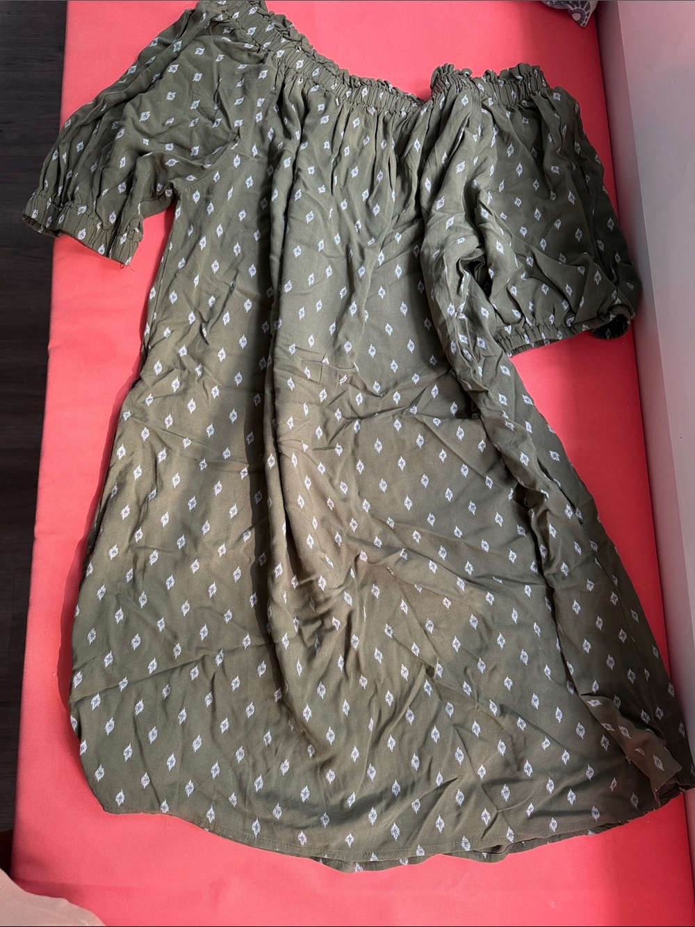Time and Tru Olive Green Off-Shoulder Midi Dress